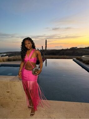 Asymmetrical Hot Pink Fringe Cutout Dress